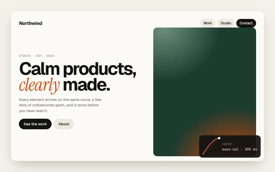 Ease-out intro reveal: The page's first elements fade and rise into place in about 300 ms, on a curve measured…